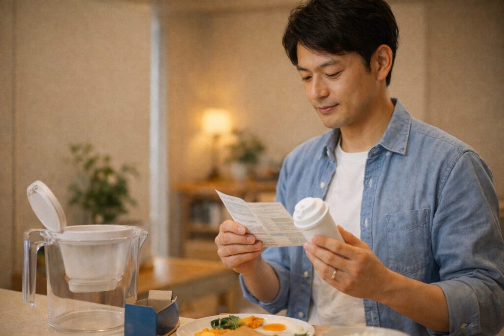 ポットの表示部分を確認している手元の様子。