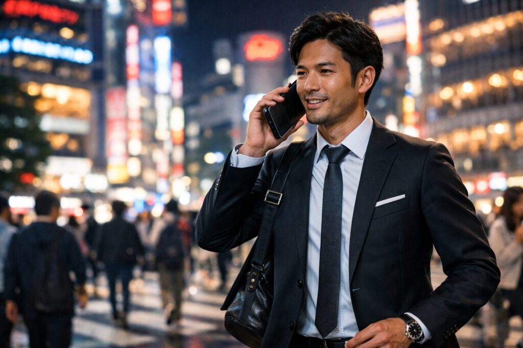 男性が手帳型ケースで通話している