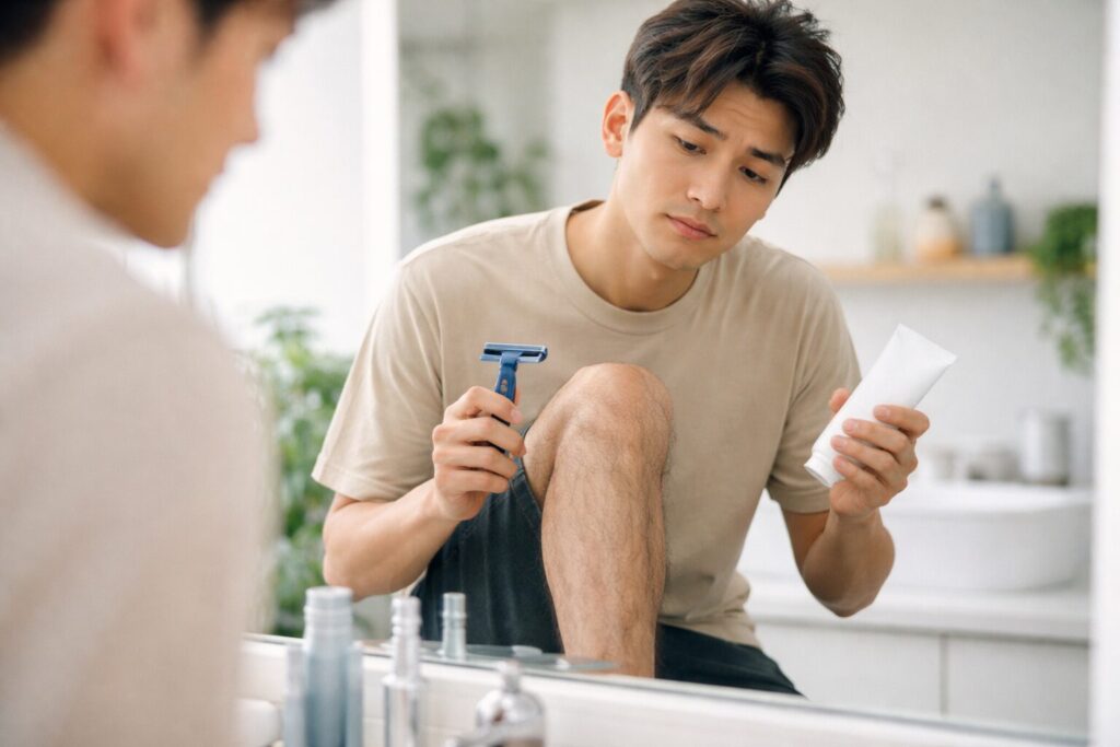 洗面所で脱毛を考えている様子