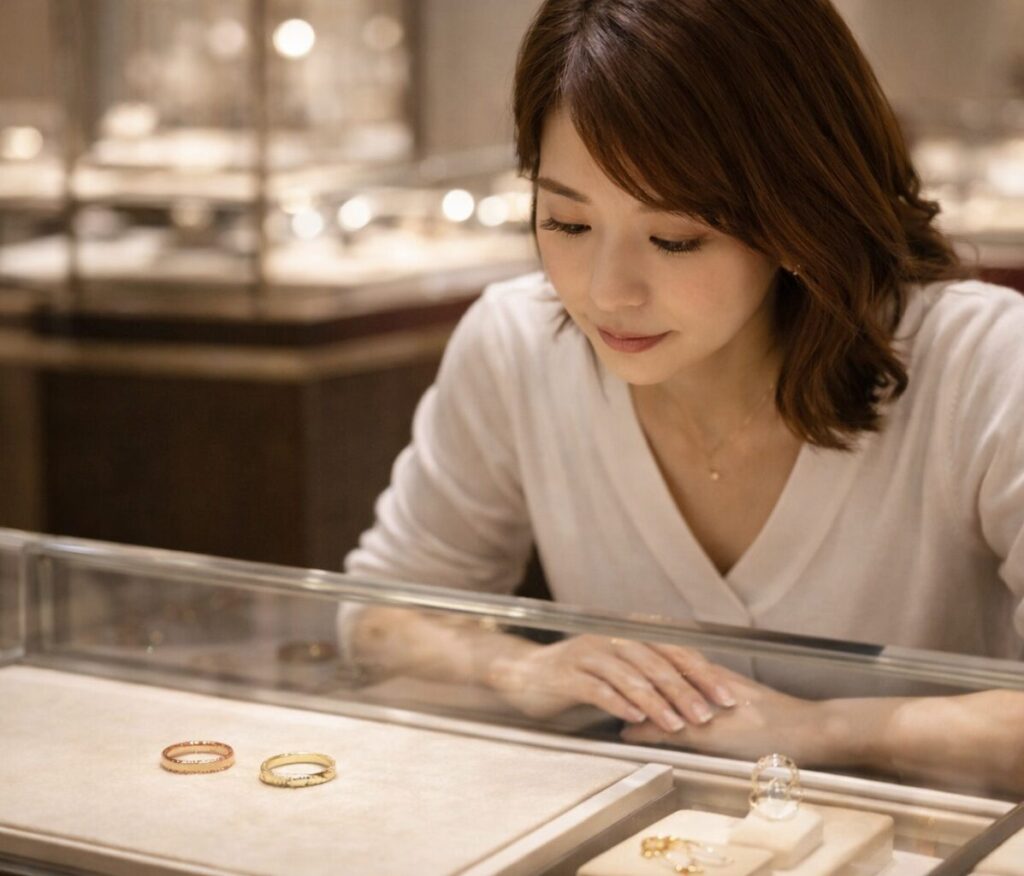 ピンクゴールドとイエローゴールドのリングを見比べながらジュエリー選びを検討している様子