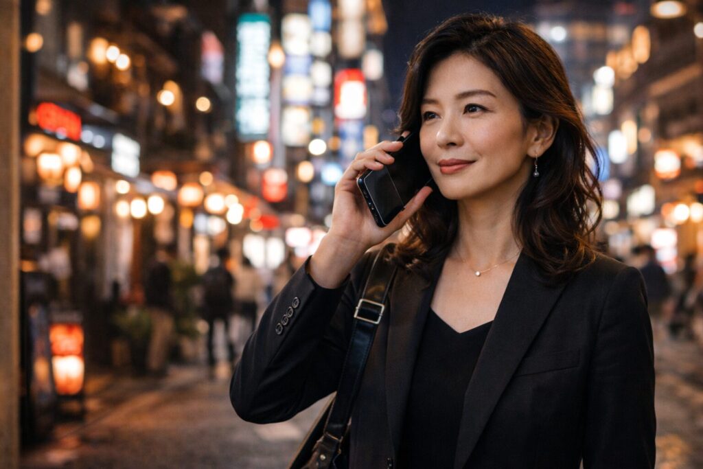 手帳型スマホケースで通話している女性