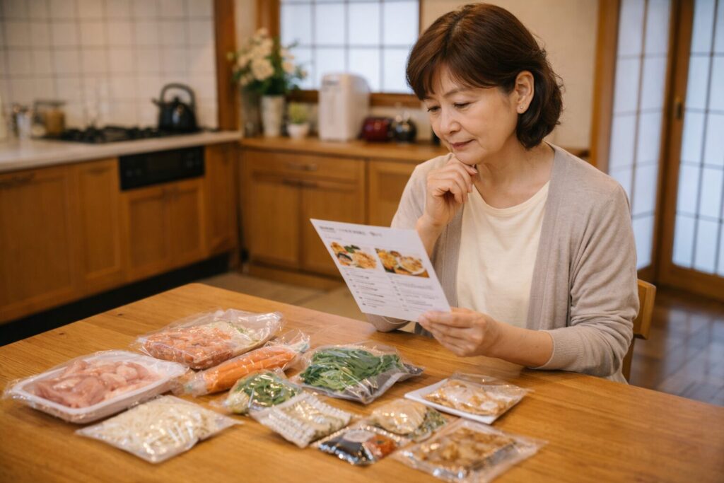 ミールキットの食材とレシピを見ながら料理の準備を考えている