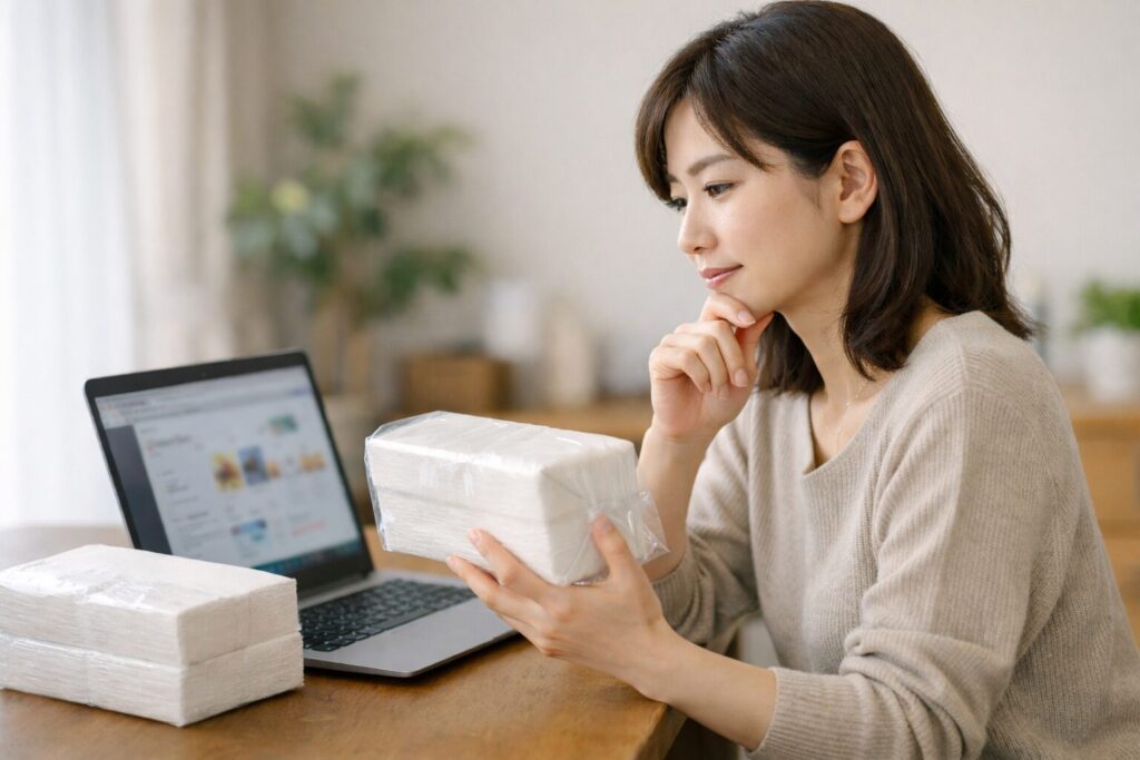 ペーパータオルのコストはいくらか検討している様子