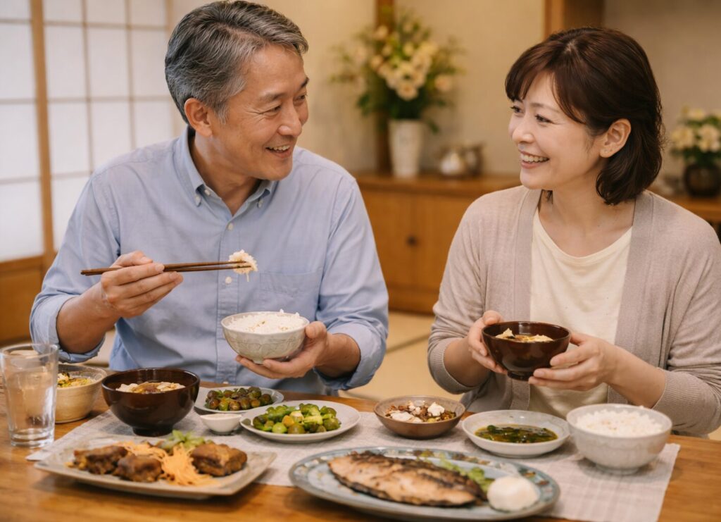 ミールキットの食材を並べて夕食の準備をしている様子