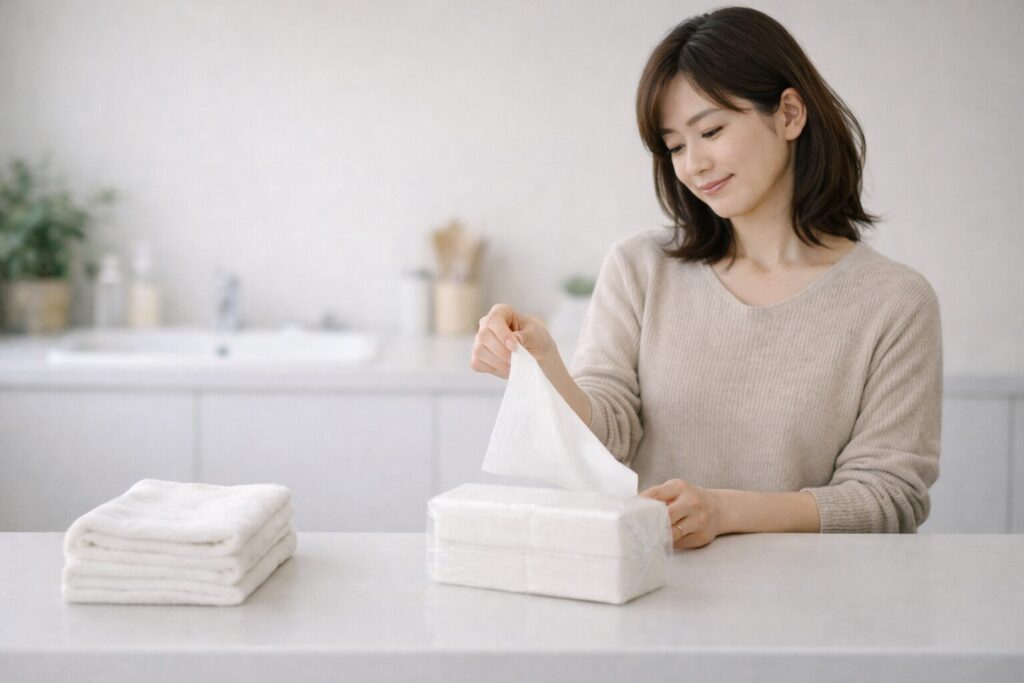 タオルとペーパータオルの使い方を検討している様子。