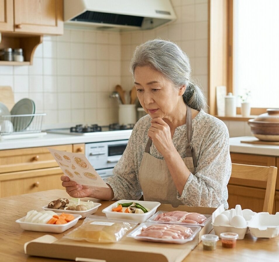 ミールキットの食材とレシピを見ながら料理の準備を考えている