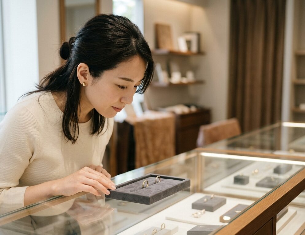 ピンクゴールドとイエローゴールドのジュエリーを見比べながら選び方を検討している様子