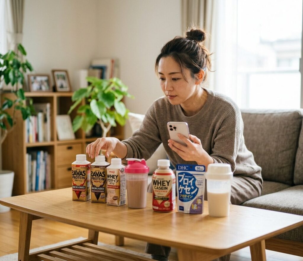 プロテインの成分やカロリーを確認している様子