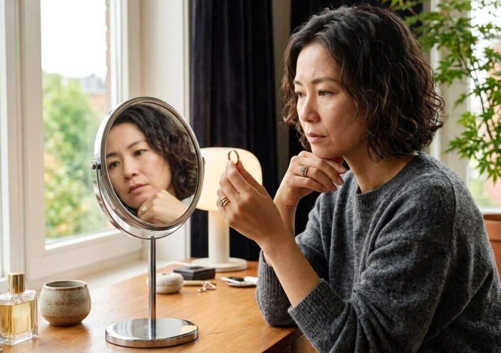 ピンクゴールドとイエローゴールドのジュエリーを比較しながら人気を調べている様子