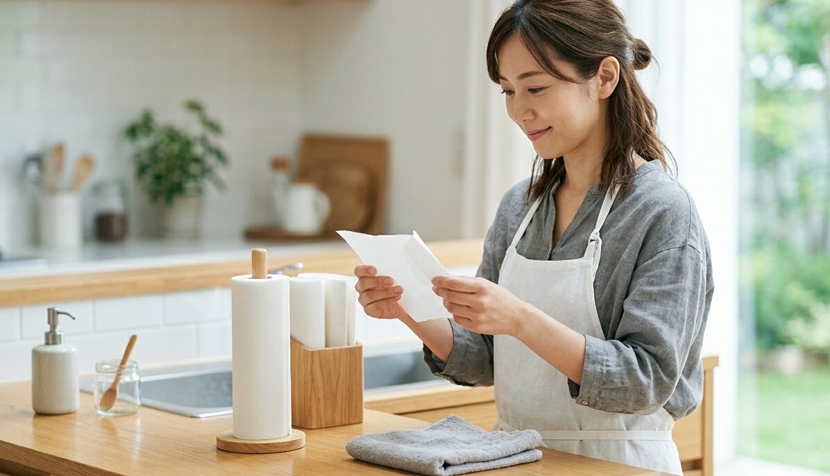 キッチンでタオルとペーパータオルの使い方を検討している様子。
