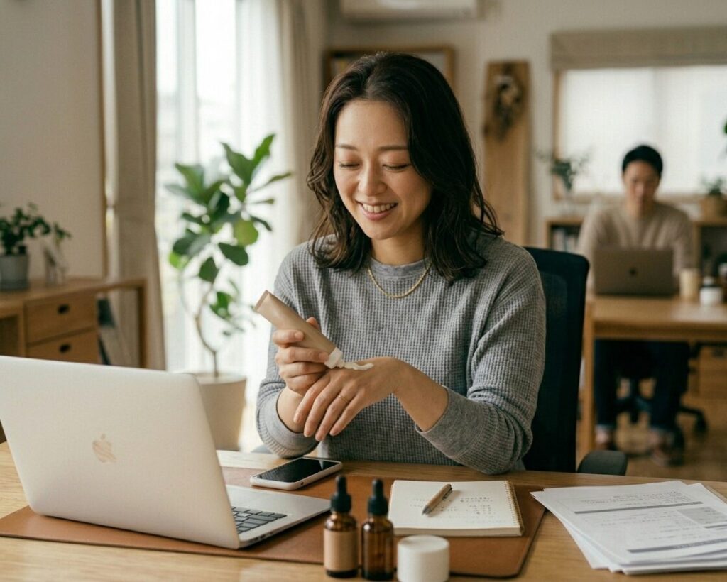 仕事中にハンドケアをしている女性の様