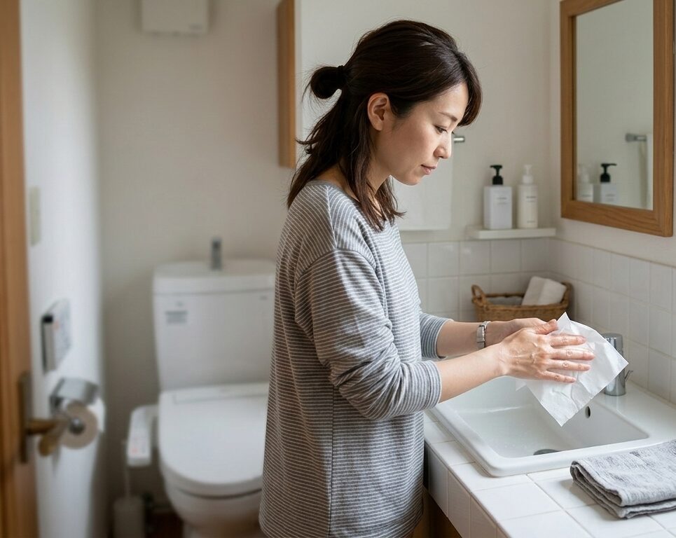 トイレの後ペーパータオルを使っている様子