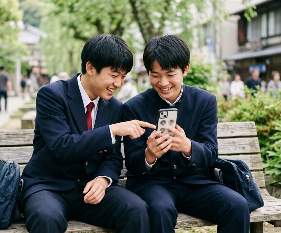 インスタのプロフィールアイコンを友達と一緒に考えている高校生のイメージ