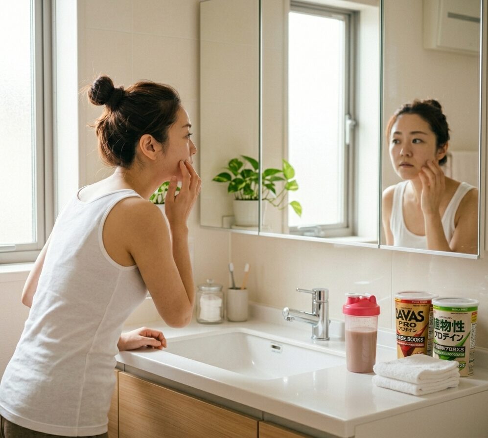 プロテインと肌の状態の関係を気にしている女性の様子