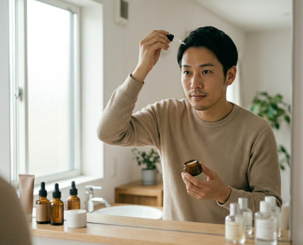 男性が身だしなみアイテムを確認している様子