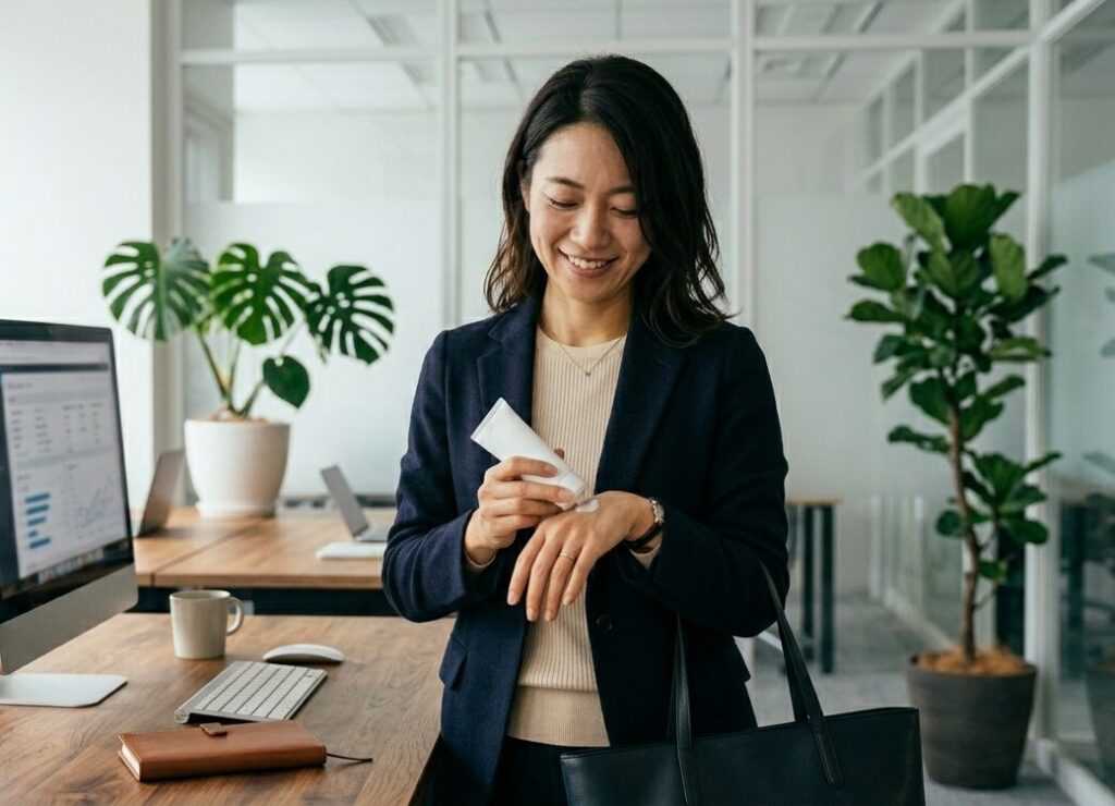ハンドクリームをオフィスでためしている女性