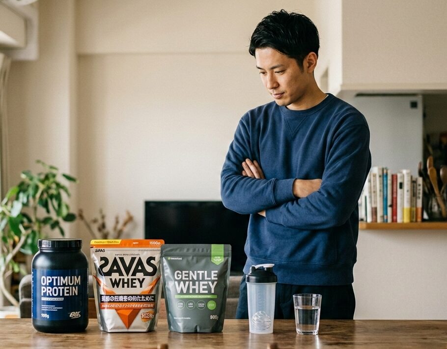 目的に合わせてプロテインを検討している男性の様子
