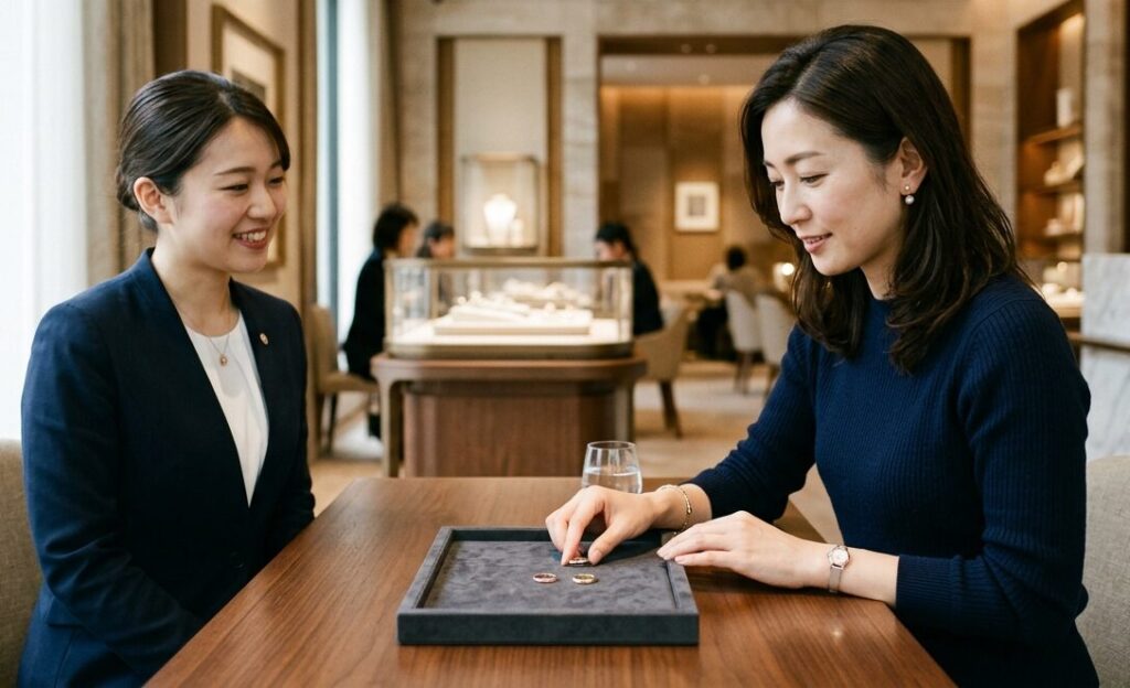 ピンクゴールドとイエローゴールドのリングを見比べながらジュエリー選びを検討している様子