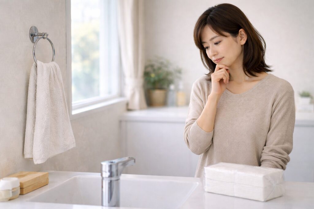 ペーパータオルのコスパを検討している様子