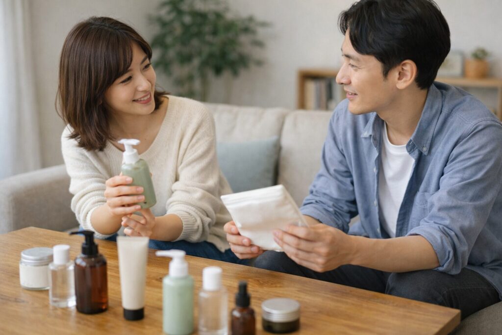 男女でプレゼントを相談しながら選んでいる様子