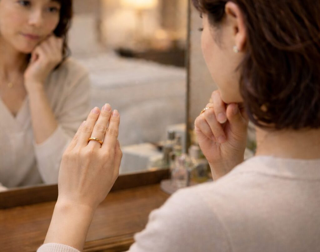 ピンクゴールドとイエローゴールドの価格を調べながら比較している様子