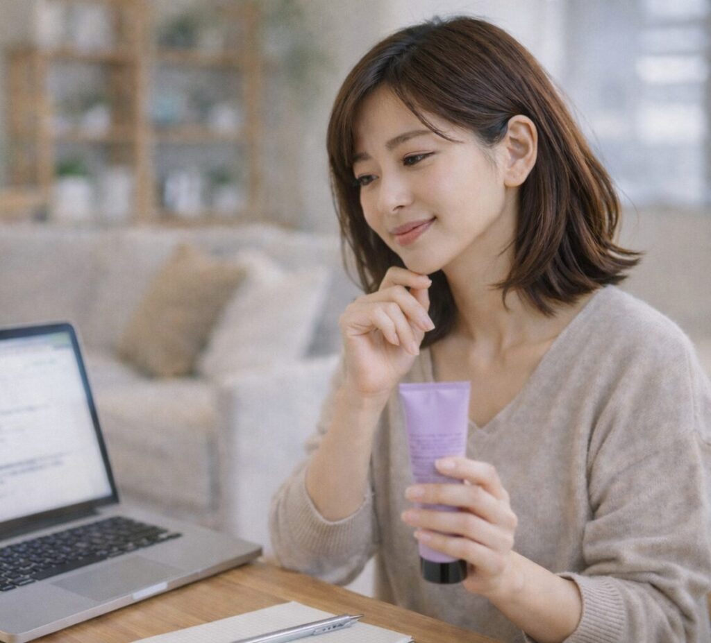 イソップのハンドクリームの良さを調べている女性