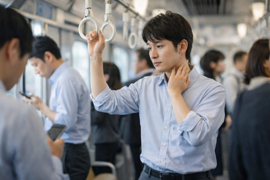 混雑した電車で周囲との距離が近く体臭を気にする男性