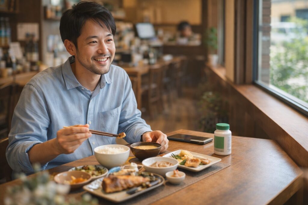 食事を楽しみながらサプリの使い方を考えている男性の様子