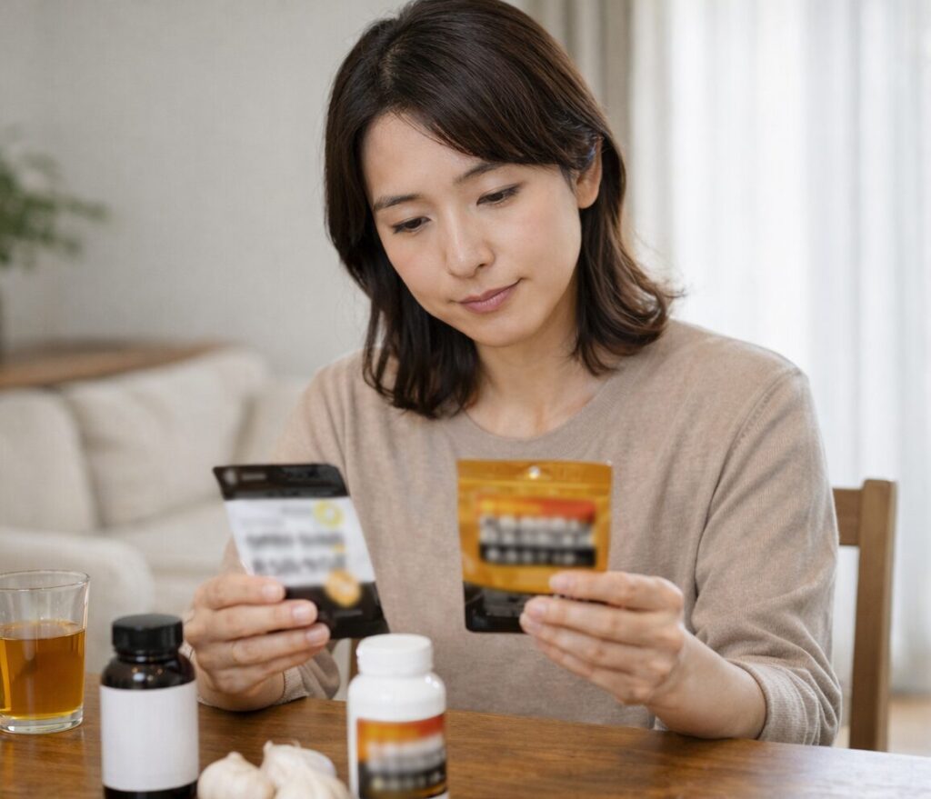 黒酢とにんにくの成分や情報を確認しながら判断している様子