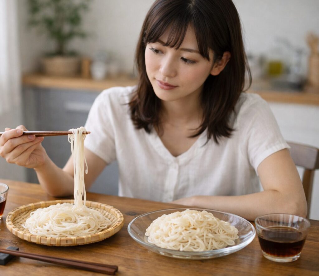 そうめんとひやむぎのどちらを選ぶか検討している様子