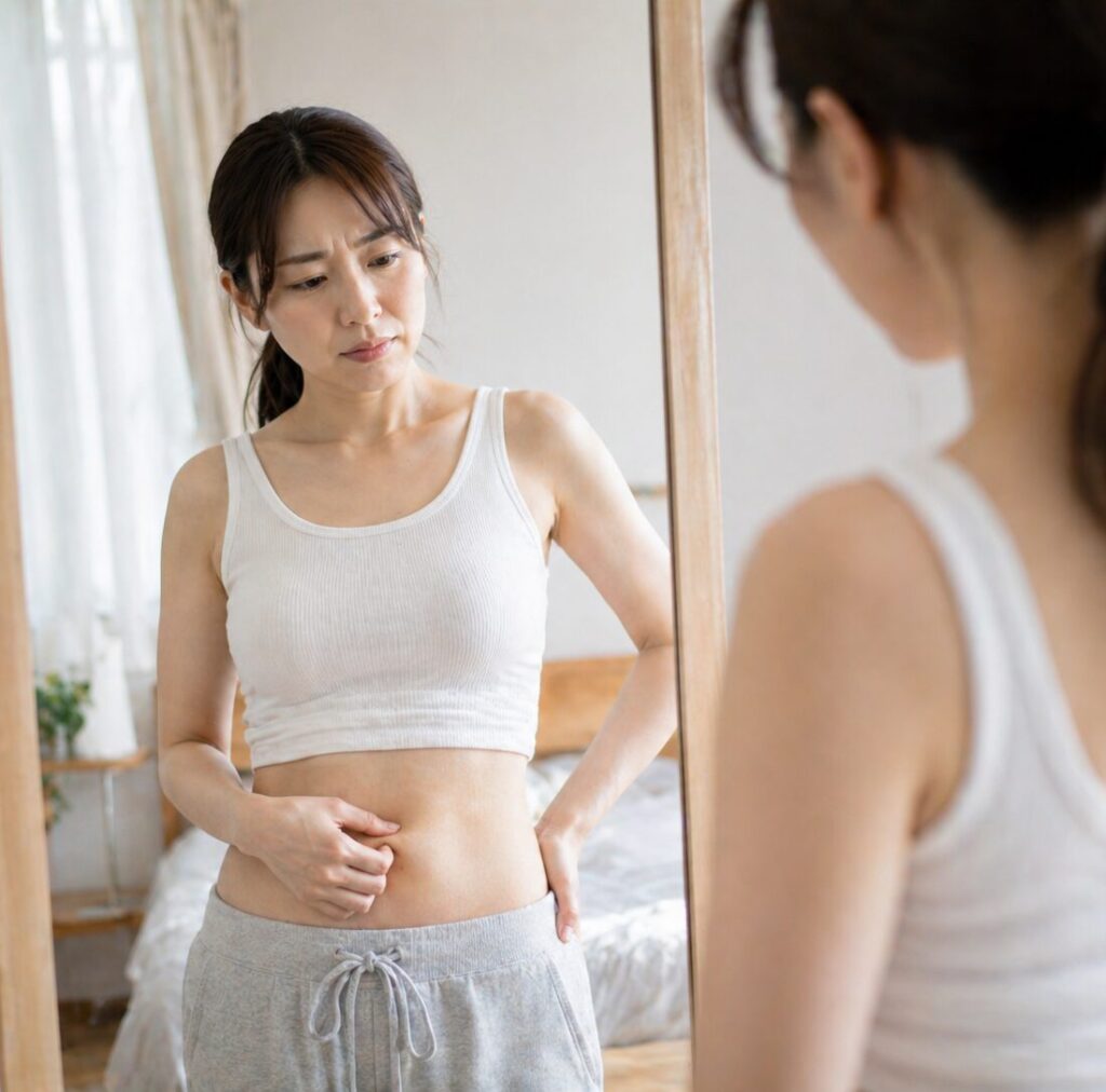 赤モリモリスリムで痩せたかどうか悩んでいる様子