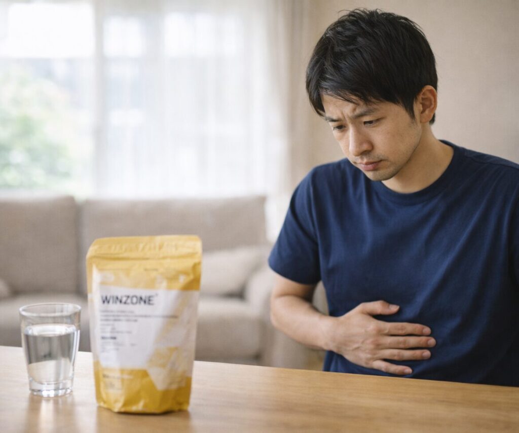 プロテインが体質に合うか考えている様子