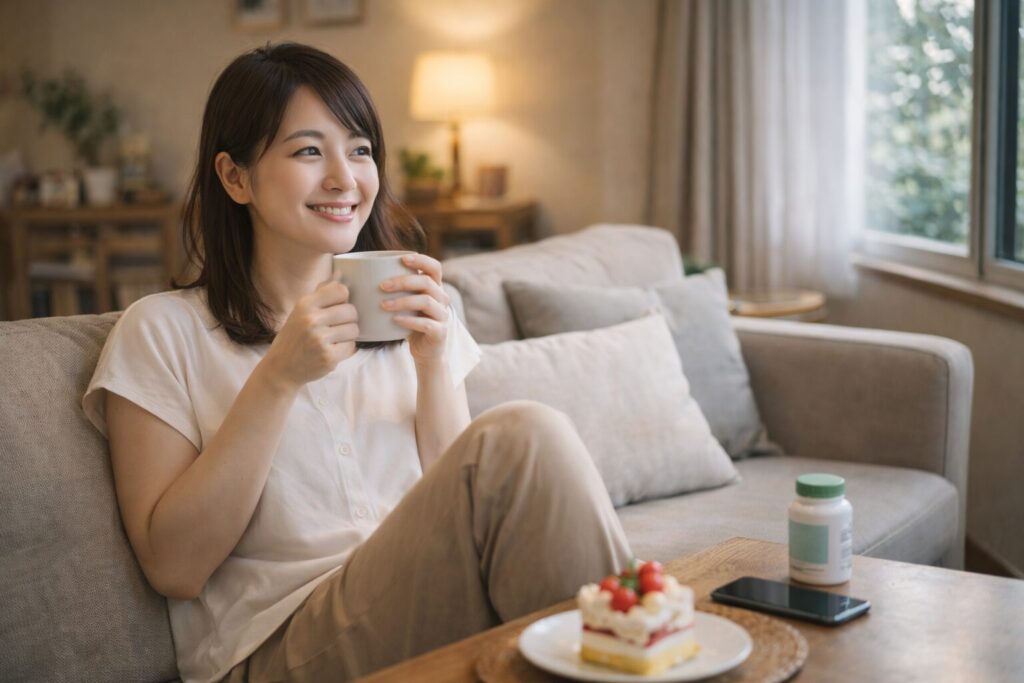 食後のくつろぎ時間にお茶を飲みながらリラックスしている