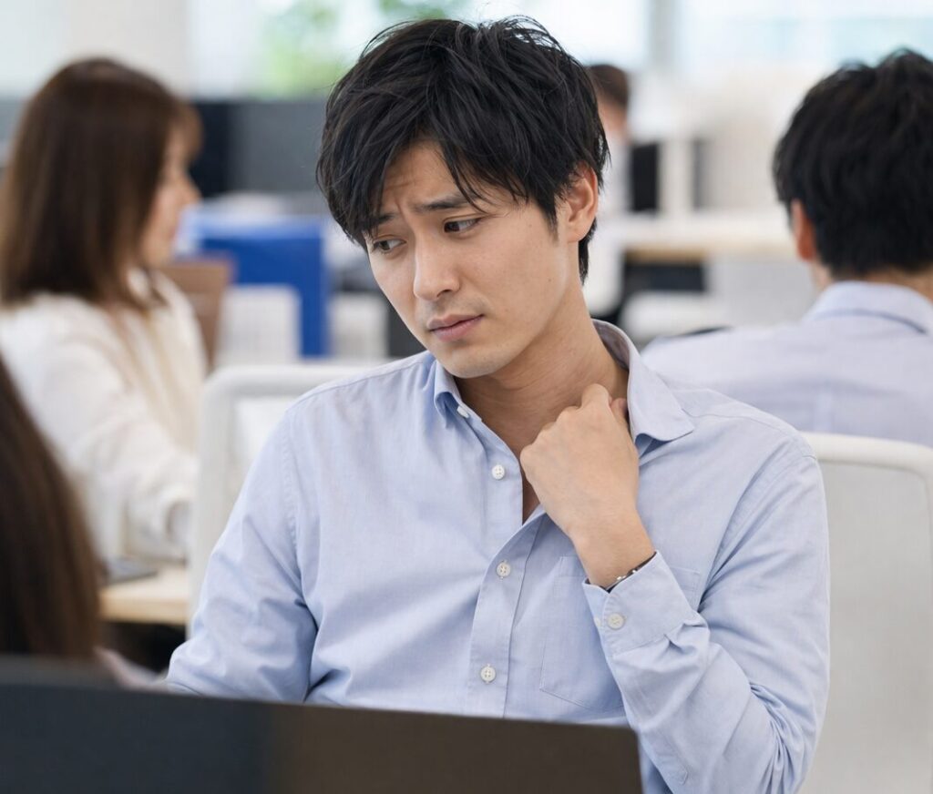 職場で食事内容を気にしながら体臭対策を考える男性