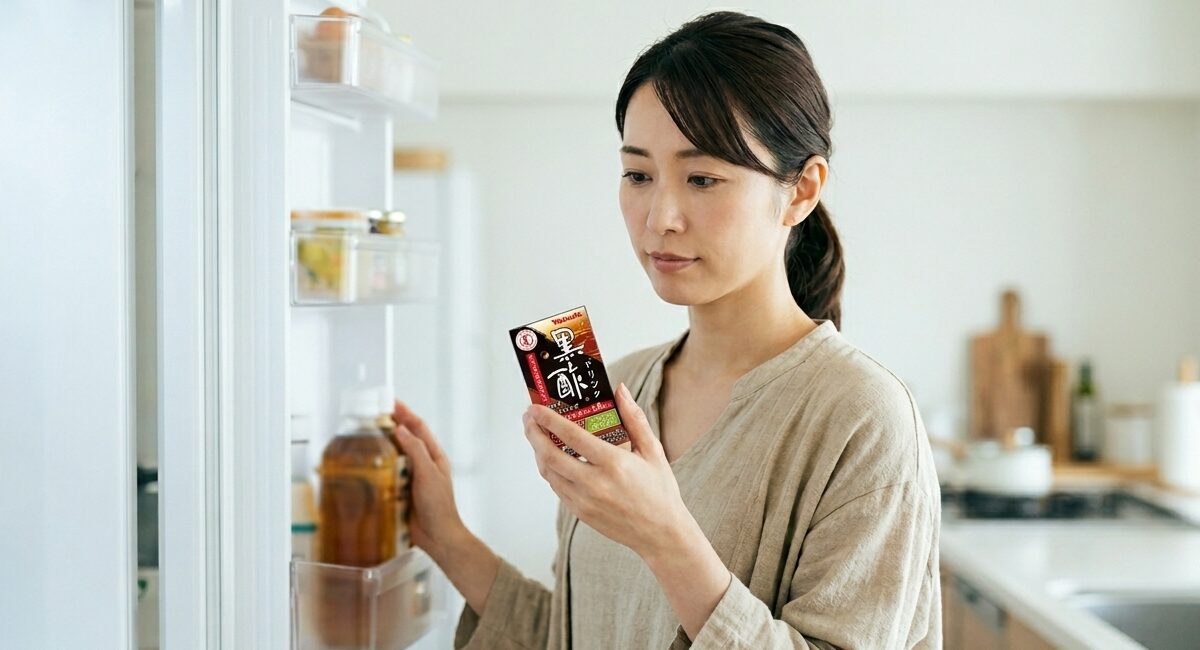 黒酢ドリンクを飲むかどうか検討している男性の様子