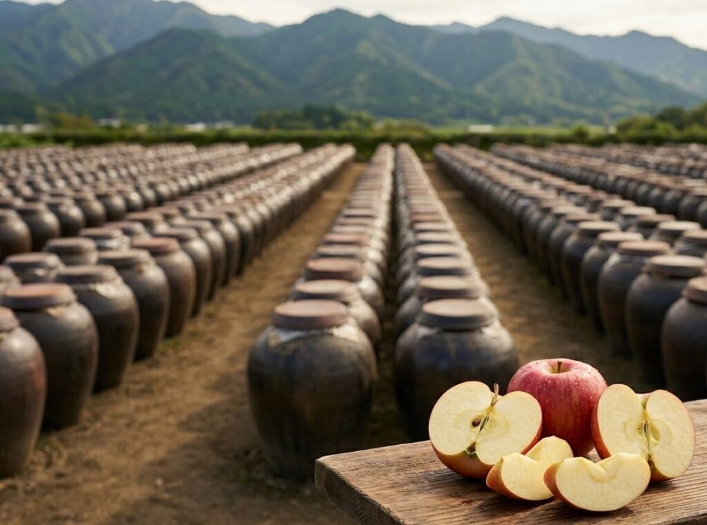 黒酢のツボ畑とリンゴを組み合わせた違いのイメージ