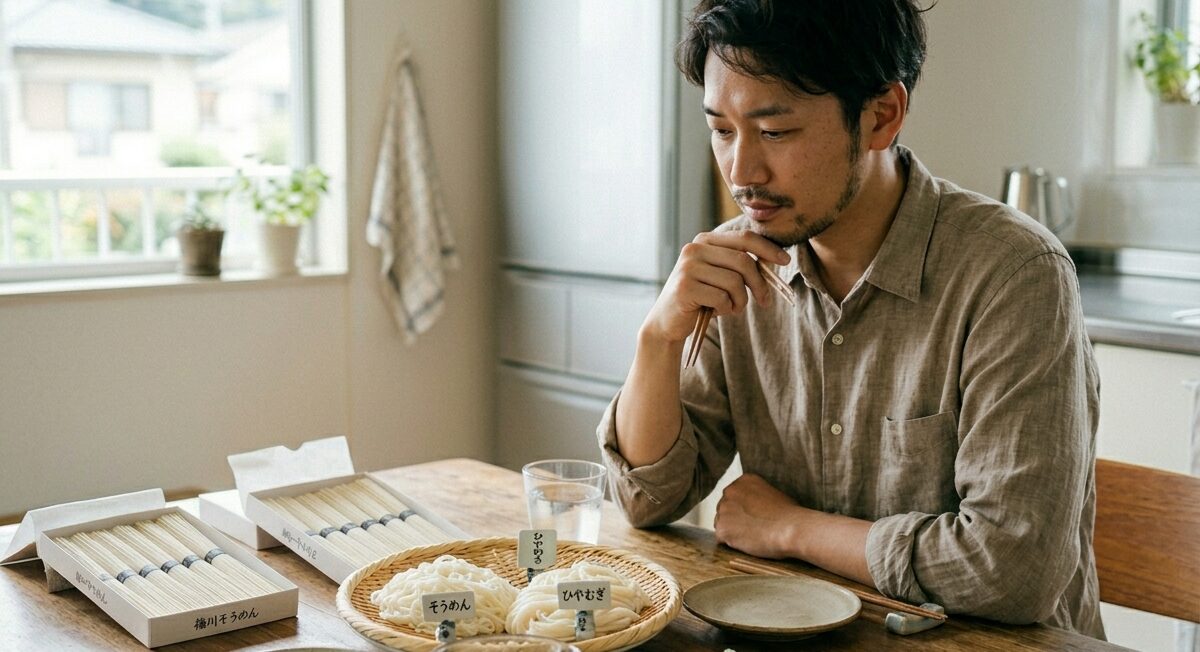 そうめんとひやむぎの違いを比較しながら選んでいる様子