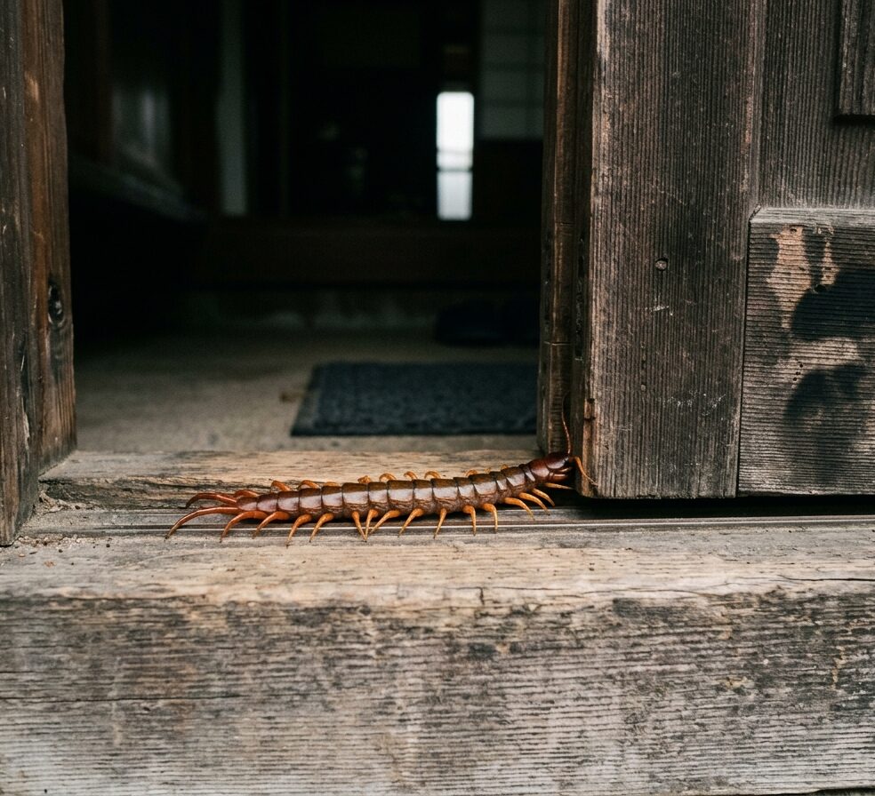 玄関の隙間から侵入する可能性を示すムカデのイメージ