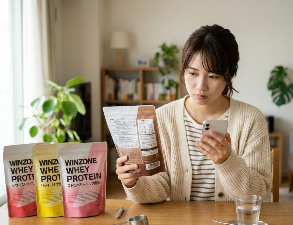 プロテインの甘味料について成分表示を確認している様子