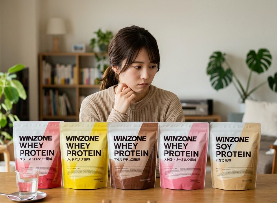 複数のプロテインを比較しながら選び方を考えている様子