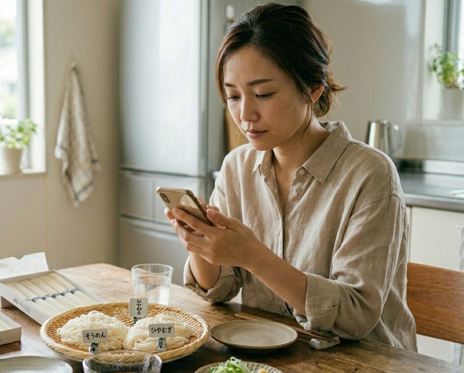 そうめんとひやむぎの栄養を比較しながら確認している様子