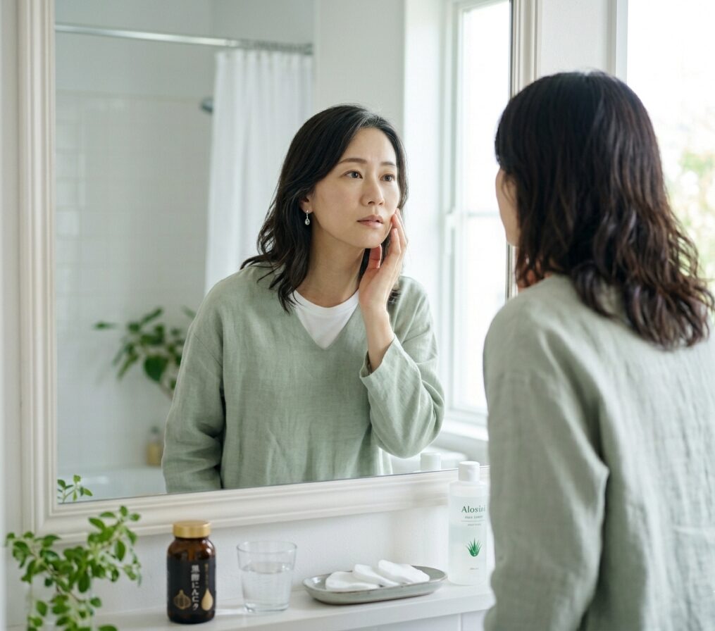 黒酢にんにくを検討している女性の様子