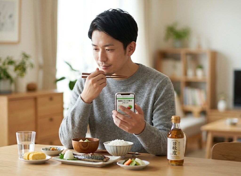 黒酢やリンゴ酢の飲み方を考えながら準備している様子