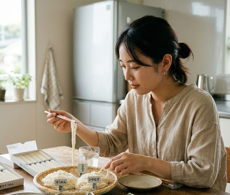 そうめんとひやむぎの太さの違いを確認している様子