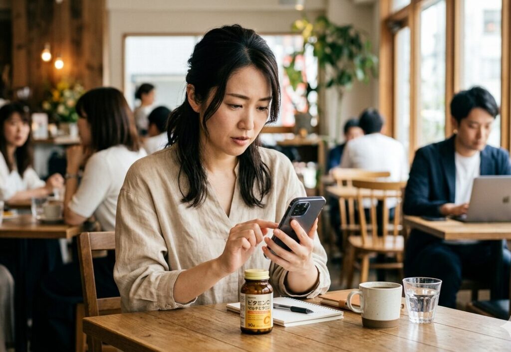 人がいる空間でサプリを調べながら体臭対策を考える