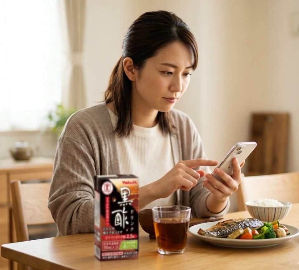 黒酢ドリンクどこに売っているか確認している様子