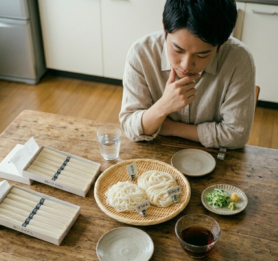 そうめんひやむぎうどんの違いを比較している様子