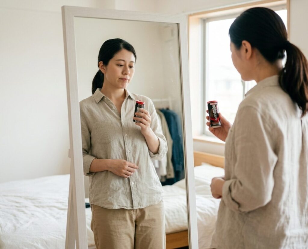 体型を気にしながら黒酢ドリンクを取り入れるか考えている様子