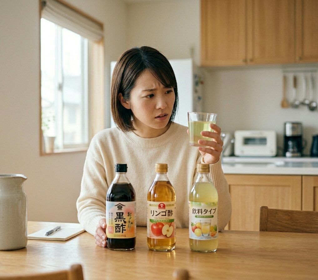 黒酢とリンゴ酢の違いを見比べている様子