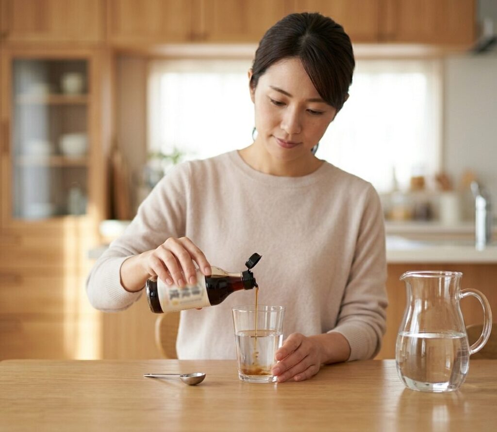 酢を水で薄めて正しい飲み方を準備している様子